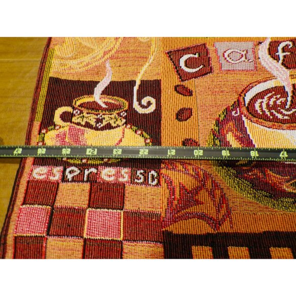 Vtg Coffee-Themed Tapestry Table Runner 13x54" Espresso Cafe Brown/Yellow/Red - Picture 7 of 8
